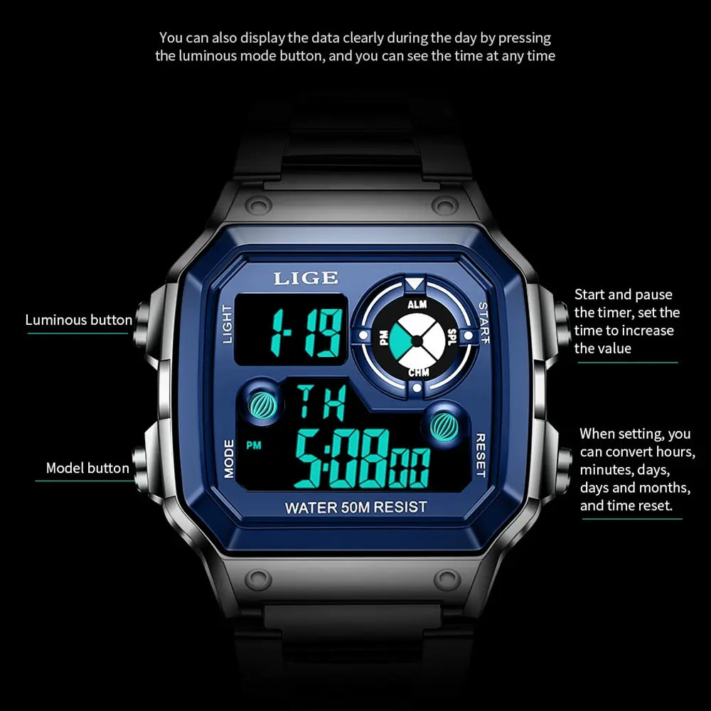 LIGE - Digital - Sport Wristwatch - Mens Waterproof - 2024