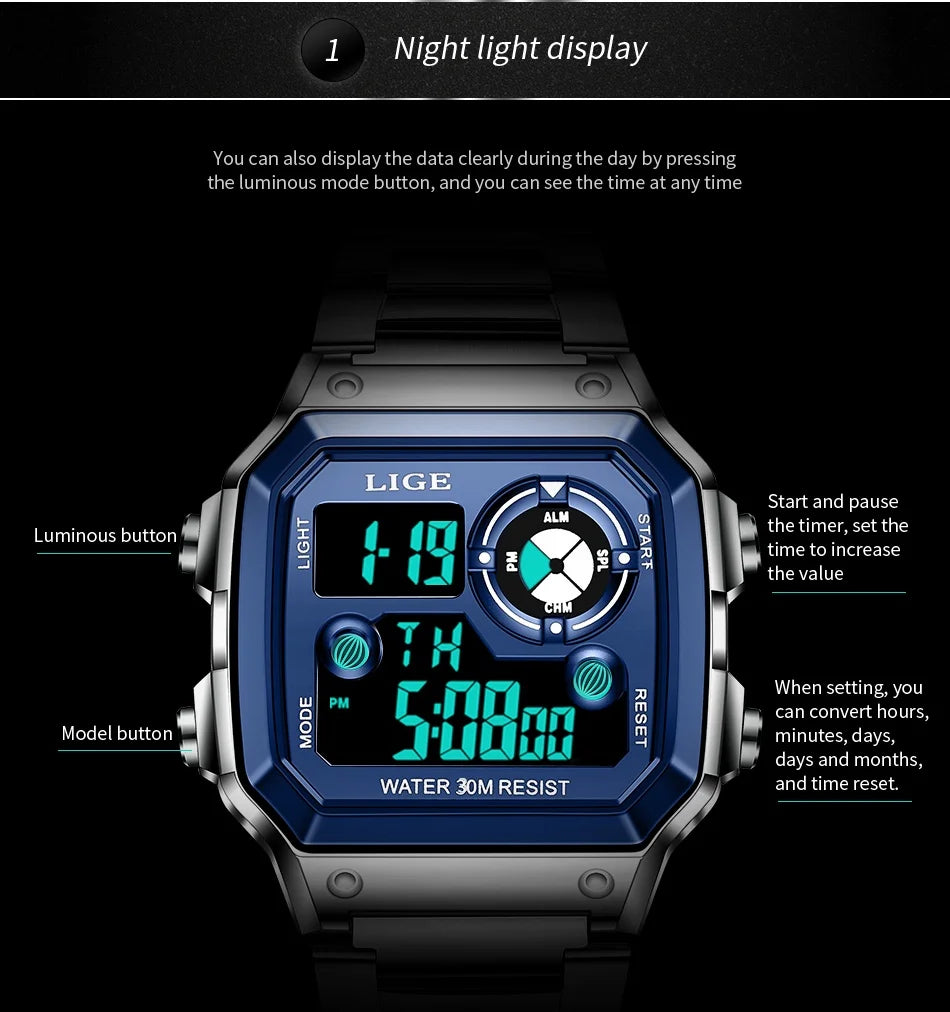 LIGE - Digital - Sport Wristwatch - Mens Waterproof - 2024