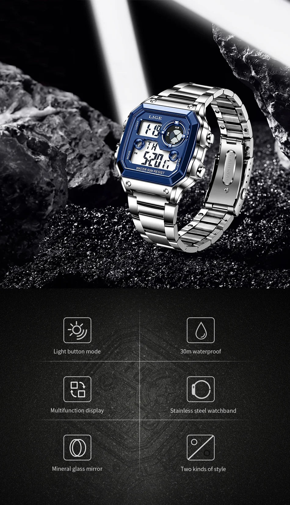 LIGE - Digital - Sport Wristwatch - Mens Waterproof - 2024