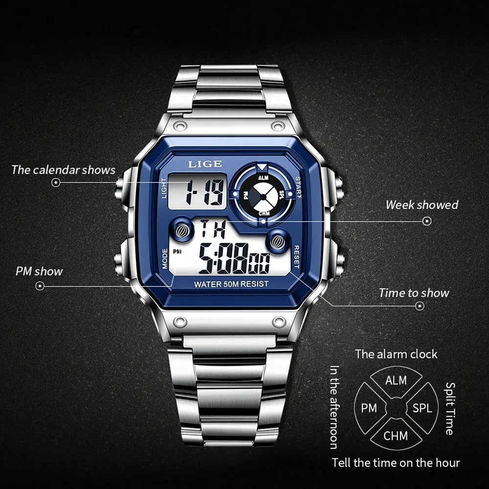 LIGE - Digital - Sport Wristwatch - Mens Waterproof - 2024