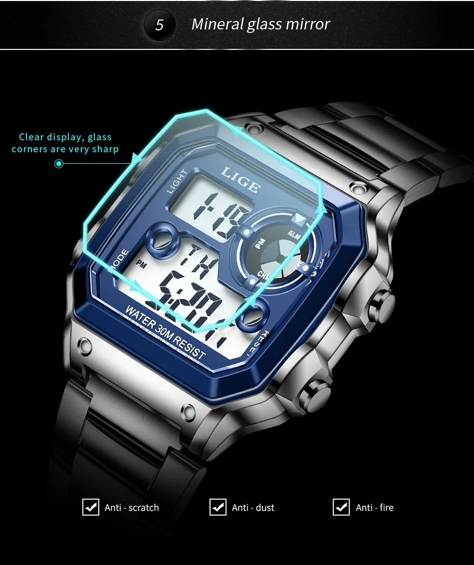 LIGE - Digital - Sport Wristwatch - Mens Waterproof - 2024