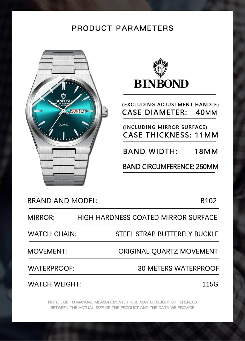 BINBOND - Waterproof - Luminous - Steel Men's Watch - 2024