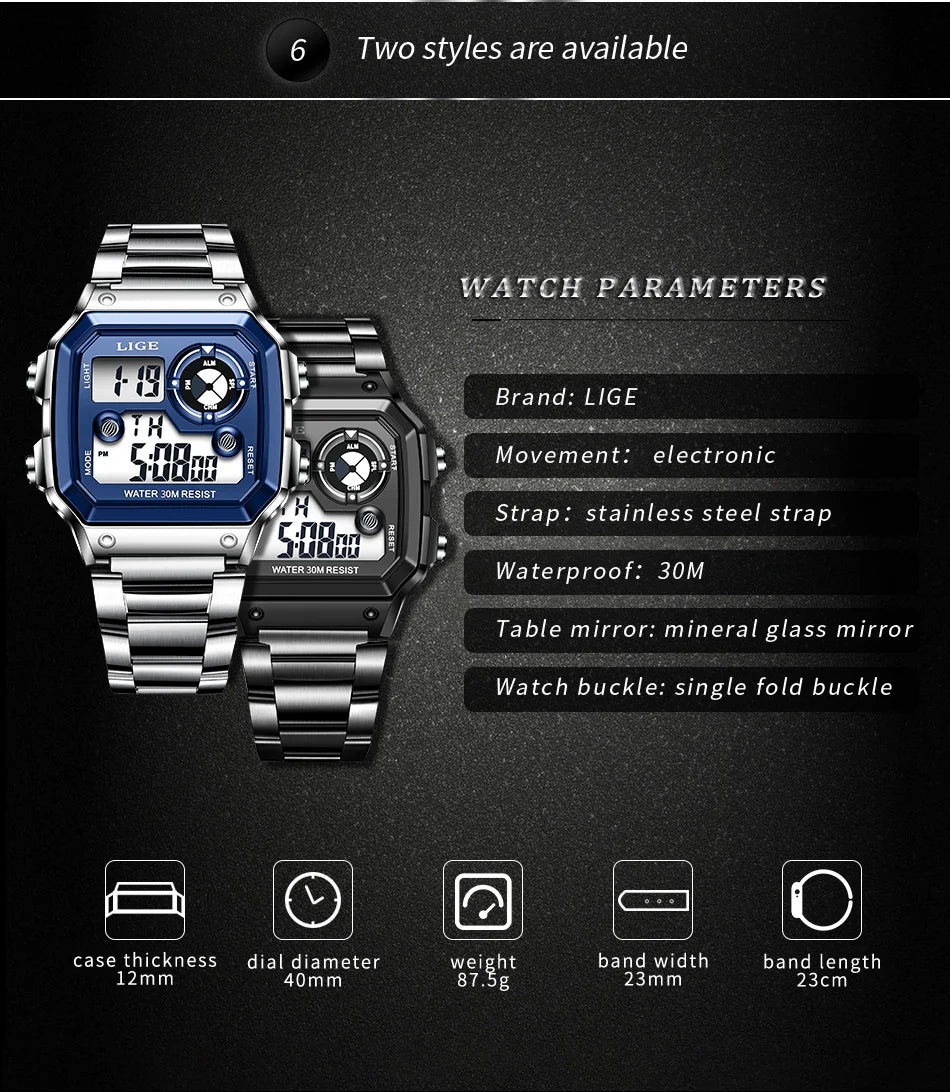 LIGE - Digital - Sport Wristwatch - Mens Waterproof - 2024